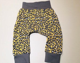 Handmade harems pants, leopard print, with grey trim, gender neutral.