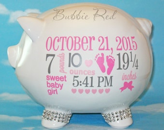 Personalized Piggy Bank, Custom Piggy Bank, Baby Birth Stats Gift, Baby Girl Piggy Bank, Baby Girl Gift, Piggy Bank, Baby Gift, Baby Bank