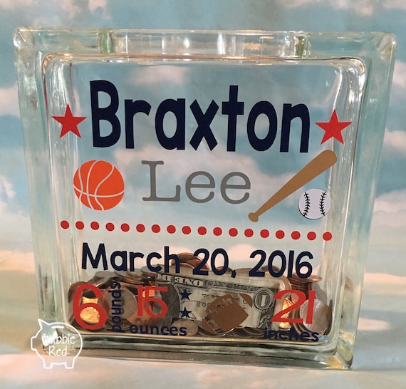 Items similar to Custom Piggy Bank Glass Block, Baby Boy Glass Block, Piggy Bank, Custom Piggy