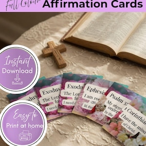 May include: A set of 24 digital Bible verse affirmation cards featuring floral backgrounds and printed text. The cards are displayed alongside an open book and a small wooden cross. Text on the image includes 24 Digital Bible Verses Full Colour Affirmation Cards, Instant Download, and Easy to Print at home.