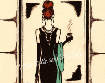 SHOPPING AT TIFFANY'S - Breakfast At Tiffany's Character Art Print - Audrey Hepburn, Fashion Illustration, Wall Art, Pop Art, Girly Gift