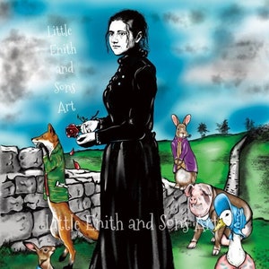 May include: A woman in a black dress stands in a field with a red rose in her hand.  She is surrounded by various animals, including a fox, a rabbit, a pig, a goose, and a cat.  The text "Little Enith and Sons Art" is written in the top left corner of the image.