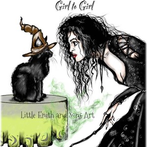 May include: A black cat wearing a brown witch's hat sits on a green table with a green smoke effect. A woman with long black hair and a black dress holds a wand and looks at the cat. The text "I'm going to have a conversation with this one, Girl to Girl" is at the top of the image. The text "Little Enith and Sons Art" is below the table. The text "Corey Moral" is at the bottom right of the image.