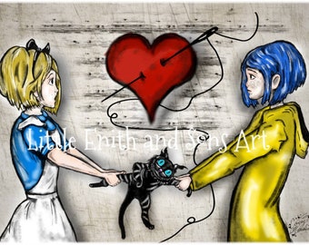When Coraline Meets Alice - Art Print, Magnets and Stickers, Fairytale, Best Friends, Whimsical Art