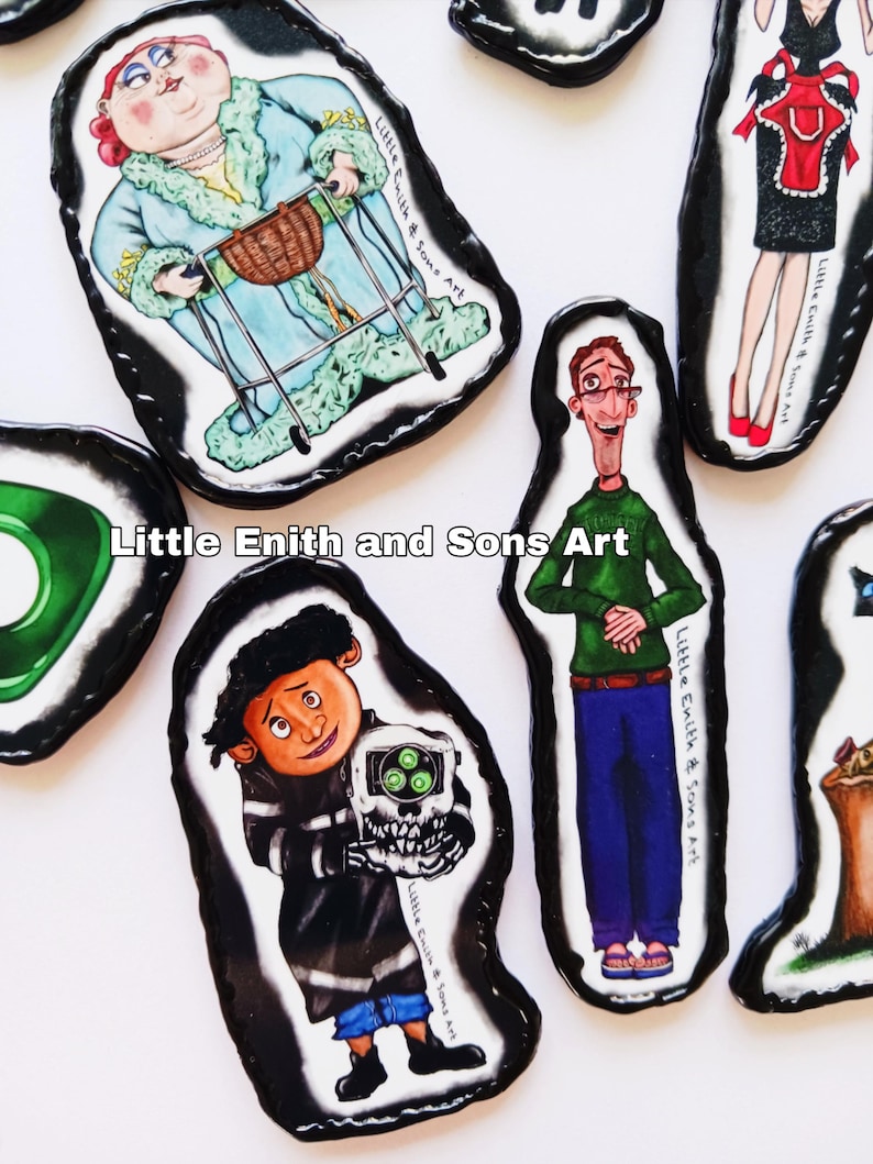May include: A collection of colorful, cartoon-style illustrations on black, irregular-shaped backgrounds. The illustrations depict various characters, including a woman with a walker, a man in a green shirt, and a child holding a skull. The text "Little Enith & Sons Art" is visible.