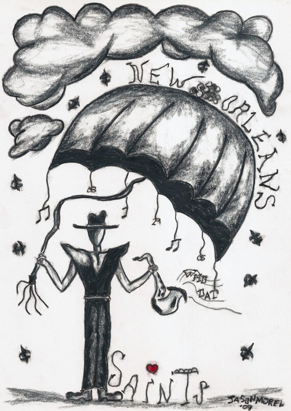 Katrina Man Who Dat Raining Fleur De Lys New Orleans Saints Art Print Wall Art Tattoo Art Print French Quarter Jazz