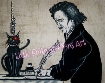 The Mad Genius At Work - Edgar Allan Poe Print, Black Cat, Halloween Art