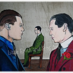May include: A painting of three men, two facing each other and one sitting in a chair. The man on the left is wearing a blue suit with a blue and white patterned tie. The man on the right is wearing a red suit with a white collar and a red flower on his lapel. The man in the middle is wearing a green suit and glasses. The background is a light brown color.
