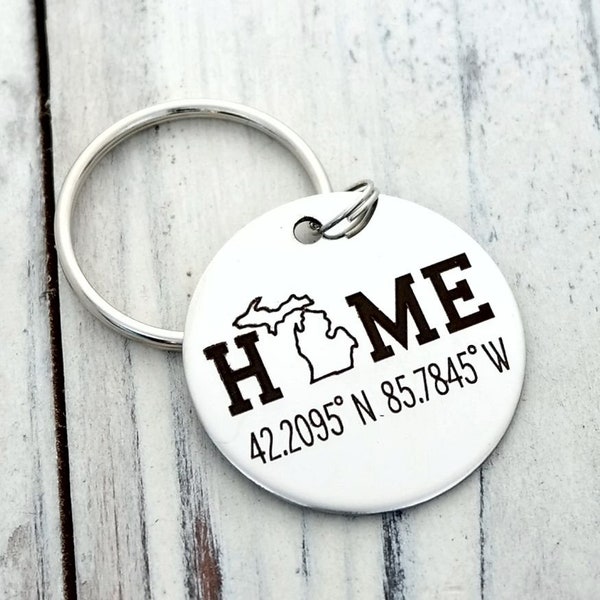 Michigan or Any State Home with Coordinates Personalized Key Chain - Engraved ROUND