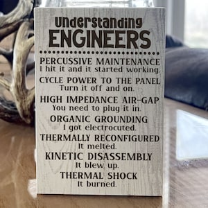 May include: A white wooden sign with black text that reads "Understanding Engineers" and lists humorous definitions of engineering terms, such as "Percussive Maintenance", "Cycle Power to the Panel", "High Impedance Air-Gap", "Organic Grounding", "Thermally Reconfigured", "Kinetic Disassembly", and "Thermal Shock".