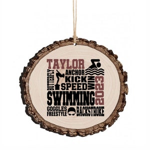Swimming Swimmer Team Senior Night Award Banquet Christmas Custom Faux Log Slice Ornament - Back Can Be Personalized