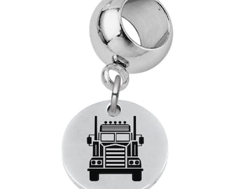 Personalized Semi Truck Charm Bead: Custom Engraved Stainless Steel Trucker Jewelry