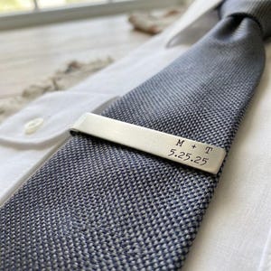 Custom Tie Bar Clip, Engraved Initials and Date - Wedding Groom Gift