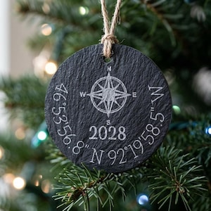 Personalized Compass Ornament, Special Place, Coordinates Latitude Longitude GPS, First Date Kiss Wedding