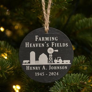 Personalized Farming Heaven&#39;s Fields Memorial Sympathy Slate Ornament Custom Bereavement Gift for Farmer