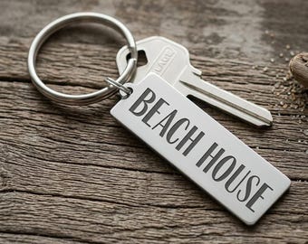 Beach House Keychain, Lake Cottage House Warming Gift, Personalized Custom Message Back