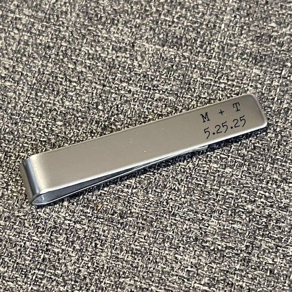 Custom Tie Bar Clip, Engraved Initials and Date - Wedding Groom Gift