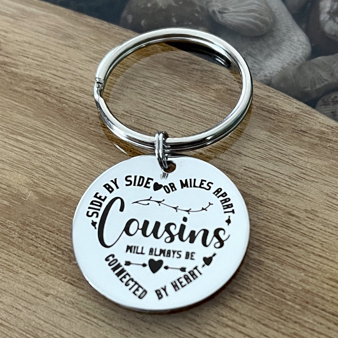 Personalized Cousin Keychain Gift - Initial Letter Charm With 'Side By Side Or Miles Apart' Heart & Rose Pendant - View #13
