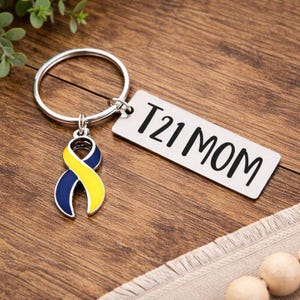 T21 Mom Name Aunt Sister Grandma Down Syndrome Ribbon Charm Keychain Personalized Back Option
