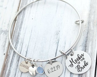 Mother of the Bride Gift, Personalized Wedding Keepsake Bracelet, Custom Engraved Charms, Mother of the Groom