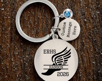 Cross Country Keychain, Personalized Runner Gift, Custom Name, Year School, Birthstone & Message Charm, Team Gifts, Graduation Senior