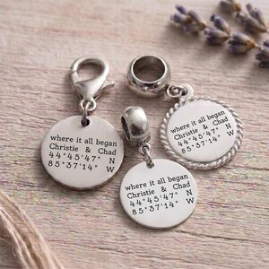 GPS Latitude Longitude Special Place Coordinates Charm, Custom Wording European Bead Compatible