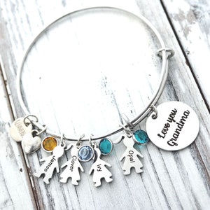 Mom or Grandma Kids Grandchildren Birthstone Personalized Adjustable Bangle Charm Bracelet Mother&#39;s Grandmother&#39;s