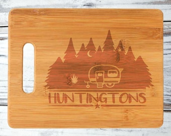 Campsite or Camper Couples Family Names or Message Custom Personalized Bamboo Cutting Board with Handle - Great for Campers and RVs
