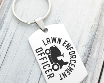 Lawn Enforcement Officer Dad Daddy Father Lawn Mowing Custom Personalized Dog Tag Key Chain - Back can be custom message