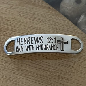 Run with Endurance Hebrews 12:1 Runner Shoe Lace Tag Training Running - Engraved