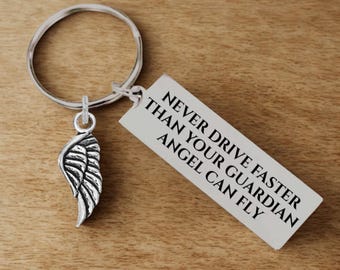 New Driver Keychain - Never Drive Faster than Your Guardian Angel Can Fly - Sweet 16 Gift Christian Car Accessory