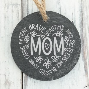 How I Describe My Mom in a Heart Custom Engraved Slate Ornament - Back can be personalized