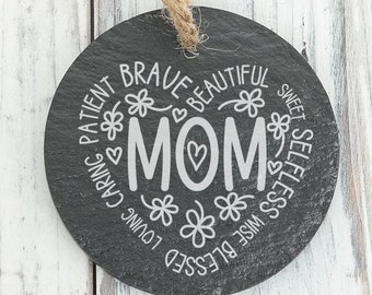 How I Describe My Mom in a Heart Custom Engraved Slate Ornament - Back can be personalized