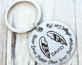 Never Drive Faster than Your Guardian Angel Can Fly Personalized Key Chain - Engraved ROUND