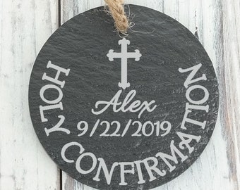 Personalized Holy Confirmation Slate Ornament, Gift with Cross Name and Date, Goddaughter Godson