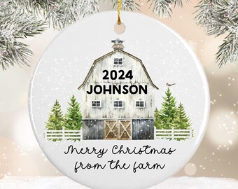 Personalized Merry Christmas from the Farm Ornament, Watercolor Rustic Barn Family Gift