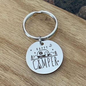 Happy Camper Key Chain Back can be Personalized Great Gift for Camping Friends RV Travel Trailer Pop Up Keys