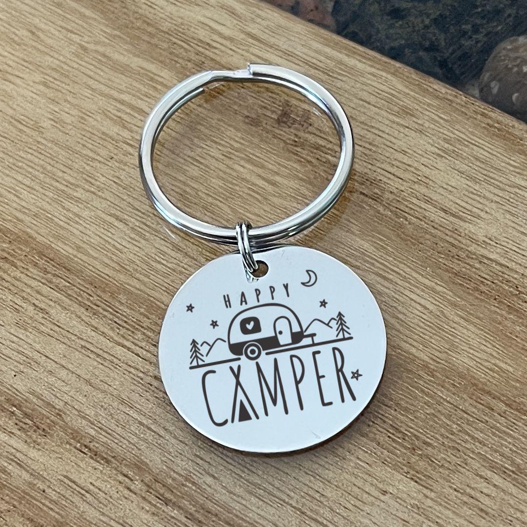 Happy Camper Key Chain Back can be Personalized Great Gift for Camping Friends RV Travel Trailer Pop Up Keys