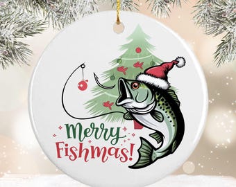 Funny Merry Fishmas Christmas Ornament Gift, Back can be Personalized, Fisherman Husband Dad Grandpa Papa