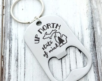 Michigan Up North State of Mind Bottle Opener Keychain - Back can be Personalized