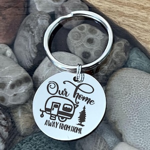 Our Home Away From Home Camper Camping Key Chain Back can be Personalized Great for Travel Trailer RV Keys Gift