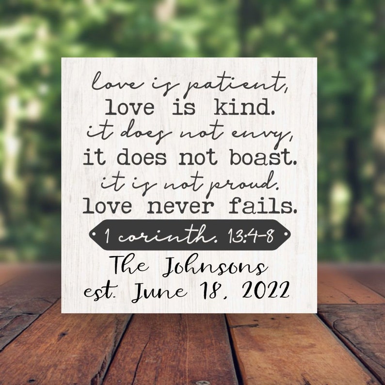 Love is Patient Love is Kind Engraved Whitewash Rustic Look Tabletop Sign Wedding Gift Bride