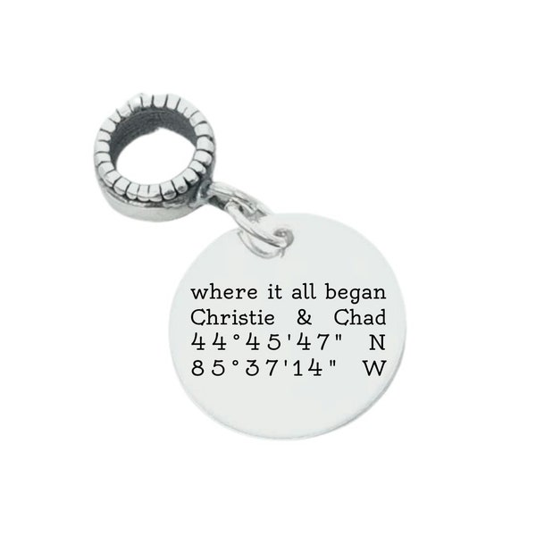 Coordinates GPS Latitude Longitude Special Place Custom Wording Sterling Silver or Stainless Steel European Style Charm Bead Compatible