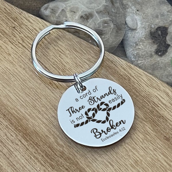 A Cord of Three Strands Is Not Easily Broken Passage Wedding Anniversary Key Chain - Back can be Personalized with Custom Message