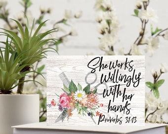 She Works Willingly With Her Hands Sign, Hair Stylist Salon Sign, Proverbs 31:13