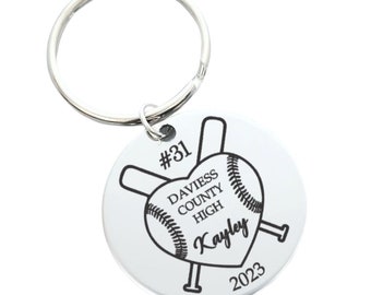 Softball Heart Crossed Bats Team Player Personalized Engraved Key Chain - Senior Night or Banquet Gifts