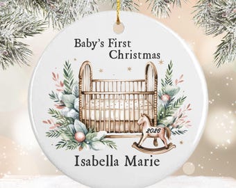 Personalized Baby’s First Christmas Ornament – Custom Name Year – Vintage Design Ceramic Keepsake with Back Personalization