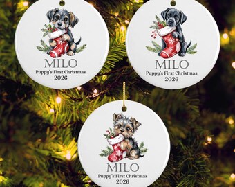 Personalized Puppy’s First Christmas Ornament – Choose Dog Breed – Custom Name & Date – Pet Keepsake
