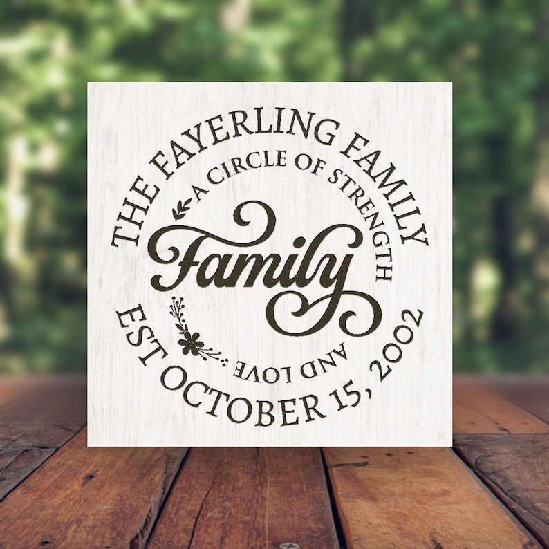 Family A Circle of Strength and Love Personalized Family Name Rustic Block Sitter Sign Whitewash Rustic Look Tabletop