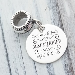 Just Married Wedding Anniversary Personalized Custom Engraved Sterling Silver or Stainless Steel European Style Charm Bead Compatible